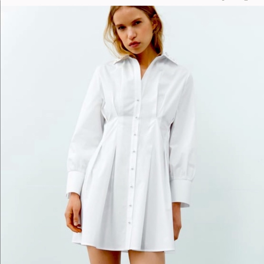 White pearl collar poplin button down dress